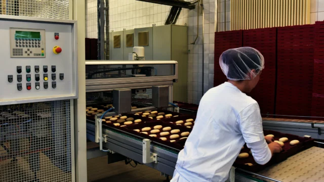 Woman working on the conveyor belt of a bakery