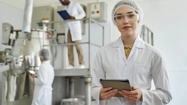 Modern young woman wearing lab coat and looking at camera