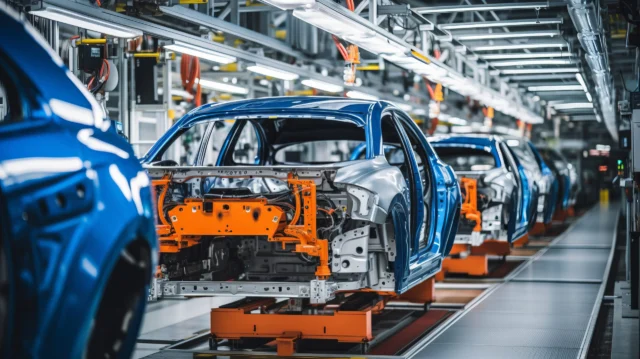 A row of blue car frames on an assembly line inside a brightly lit automotive factory.