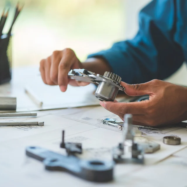 A person examines a mechanical part at a desk with engineering tools and blueprints.