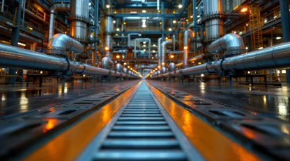 Long perspective of an industrial facility interior with metal pipes, beams, and lights. A central metallic pathway runs down the middle of the image, reflecting the ambient orange lights.