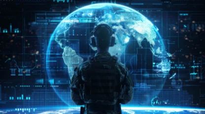 A person in military gear and headphones stands facing a digital globe display, surrounded by futuristic interface elements and data.