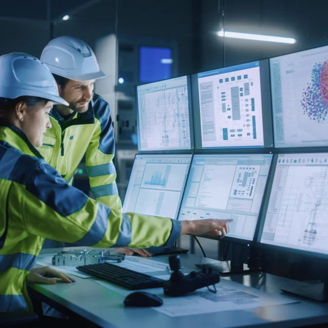 Two engineers in safety gear analyze data on multiple computer screens in a control room.