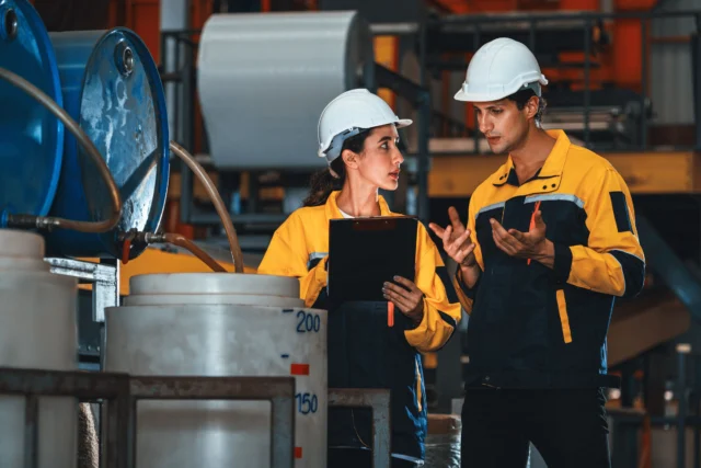 Two workers in yellow and blue uniforms and white helmets discuss in an industrial setting, with large containers and machinery in the background.