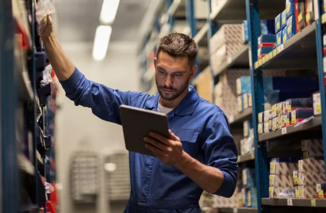 A man in a blue jumpsuit is using a tablet while standing in a warehouse aisle, surrounded by shelves filled with various items.