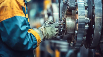 A worker in protective gloves adjusts machinery, focusing on a large metal component with various bolts in an industrial setting.