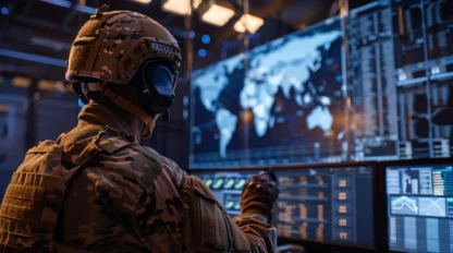 A person in military gear sits at a desk with multiple monitors showing data and a world map in a control room.