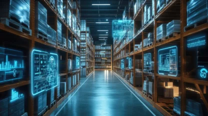 A modern warehouse aisle with shelves of boxes on both sides. Digital screens display data projections and analytics, suggesting a high-tech inventory management system.