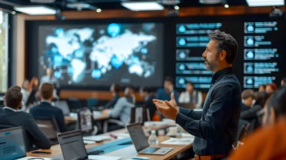 A person is speaking in a modern conference room, with attendees seated and a large display showing a world map and data in the background.