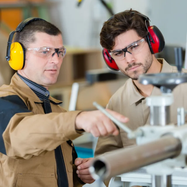 Two workers wearing safety gear discuss a machine in a workshop. One points at the controls while the other observes closely.