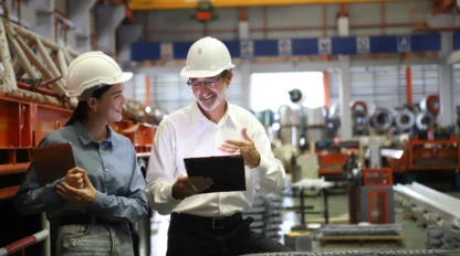 Two people wearing hard hats and holding clipboards talk and smile in an industrial warehouse setting.