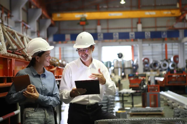 Two people wearing hard hats and holding clipboards talk and smile in an industrial warehouse setting.