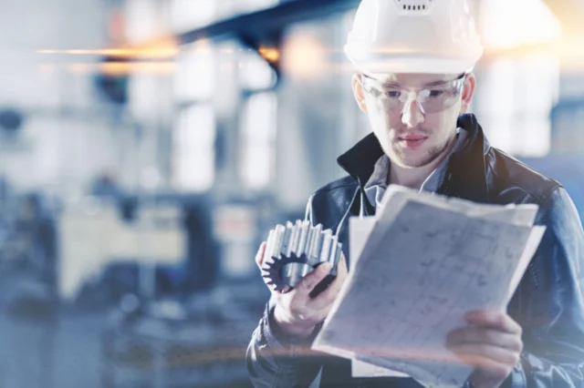 Person wearing a hard hat and safety glasses holds a gear and examines a blueprint in an industrial setting.