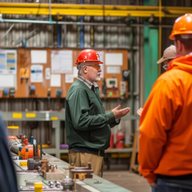 A group of people wearing hard hats gather inside an industrial workshop, listening to a person speaking. Tools and equipment are visible on tables in the foreground.