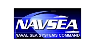 Logo of NAVSEA, Naval Sea Systems Command, featuring stylized waves and silhouettes of a ship and submarine on a blue background.