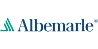 Logo of Albemarle, featuring a stylized green triangle on the left and the company name in blue text on the right.