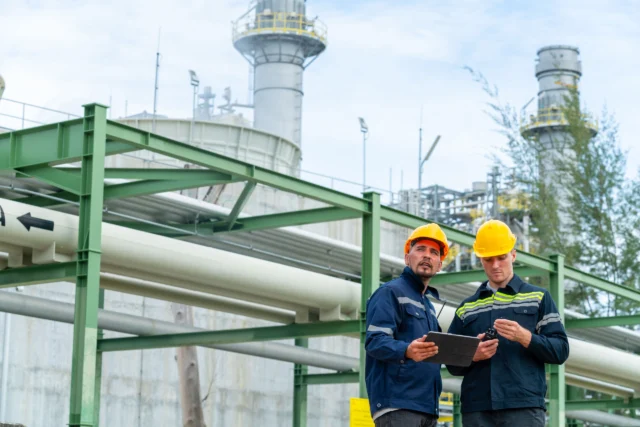 Two workers in yellow helmets stand outside an industrial facility, reviewing documents on a tablet. Various pipes and structures are visible in the background.