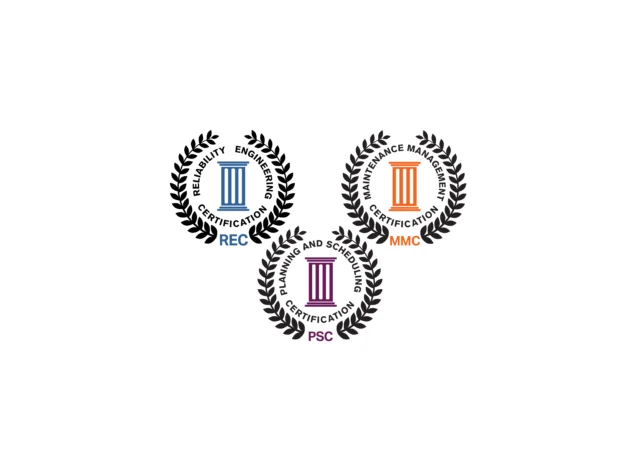 Three certification logos with laurel wreaths: Reliability Engineering (REC), Maintenance Management (MMC), and Planning and Scheduling (PSC). Each has a distinct color stripe.