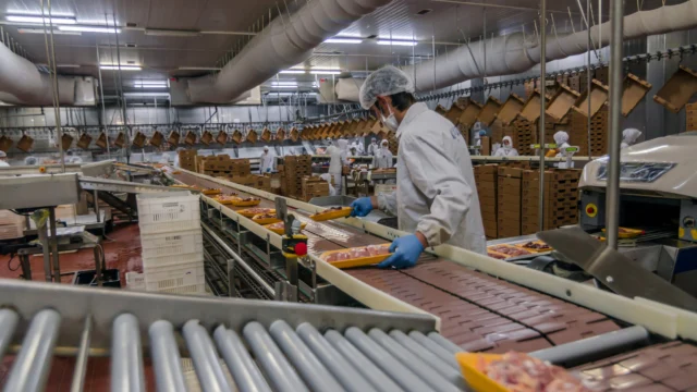 Workers at assembly line in chicken meat plant.